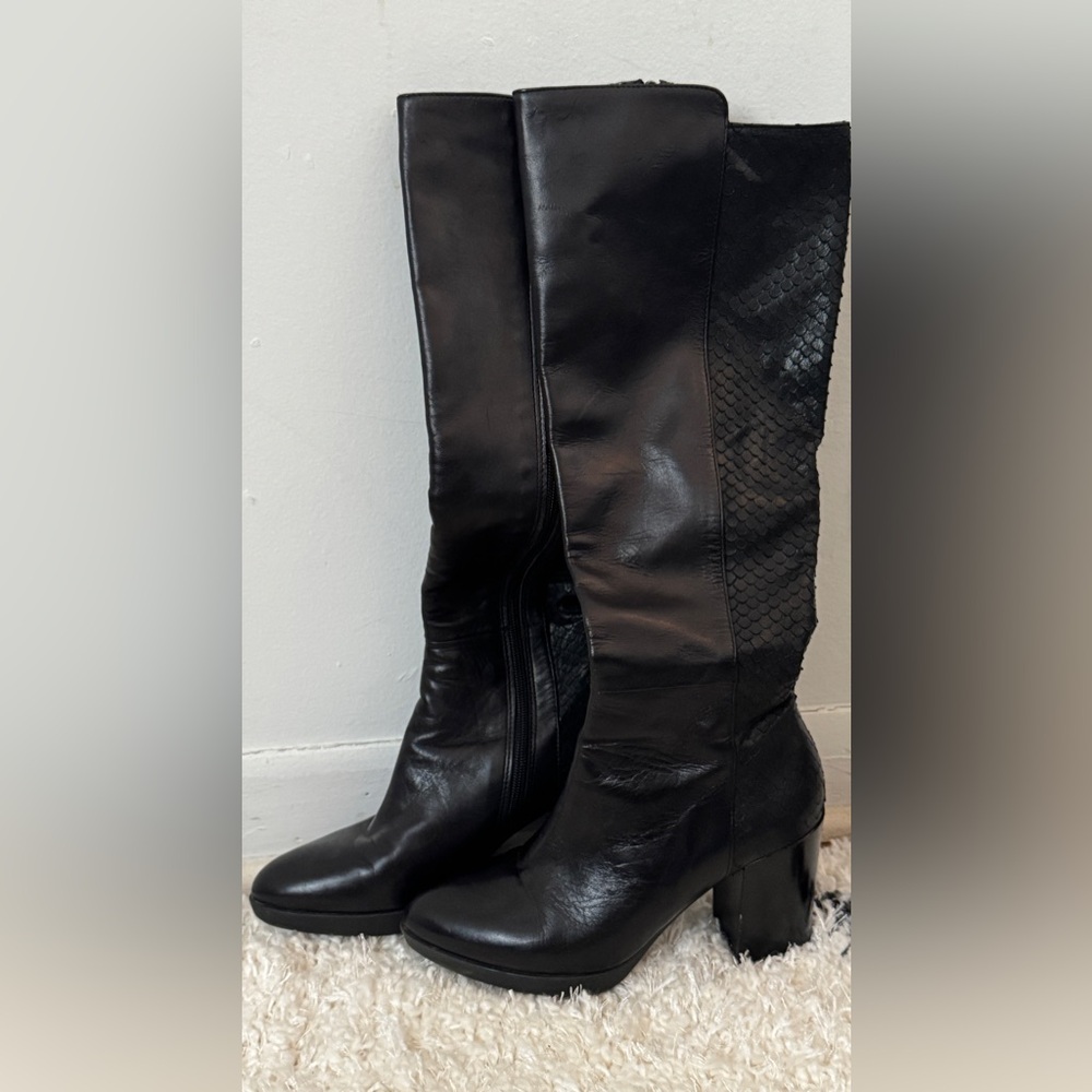 Women’s Dune Leather Almond Toe Block Heel Boots Black Size 37/6.5 - Picture 2 of 15